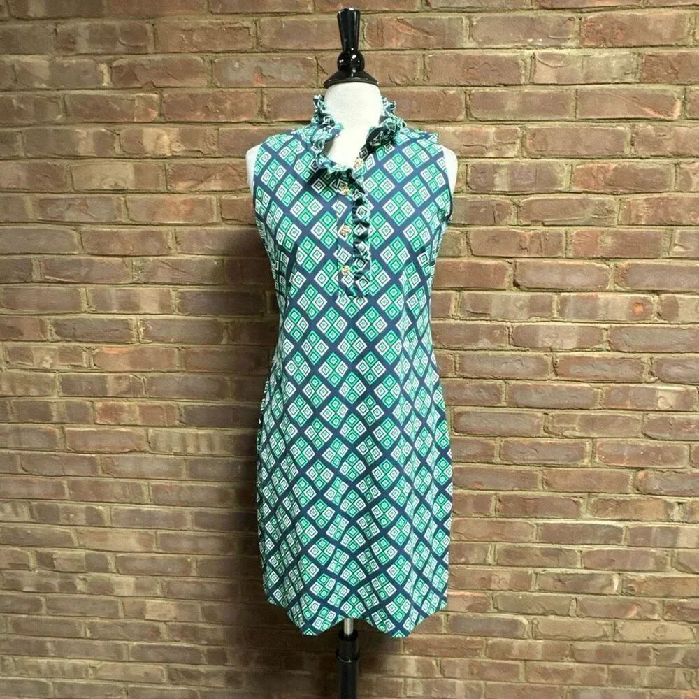 Katherine Way Women’s Navy & Green Ruffle Neck Sleeveless Dress Sz M